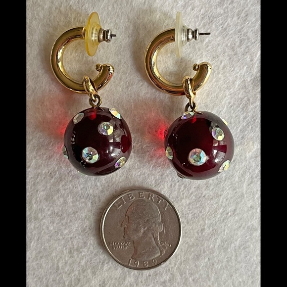 fun earrings for pierced ears gold with red lucite ball and rhinestones - Picture 3 of 5